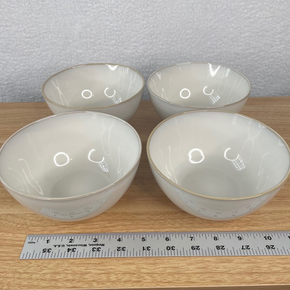 Members Mark White Stoneware Cereal Bowls Set of 4 Tan Rim Modern Minimalist